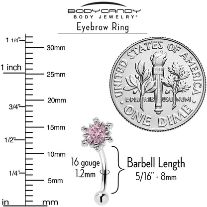 16G 5/16 Pink CZ Gem Snowflake Glam Curved Eyebrow Ring