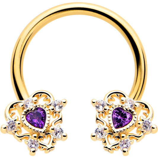 16G 3/8 Purple CZ Gem Gold Tone Heart of Love Horseshoe