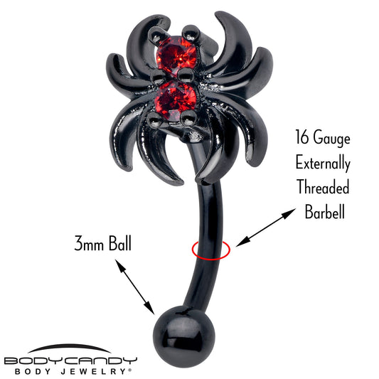 16G 5/16 Red CZ Gem Black Sleek Spider Curved Eyebrow Ring