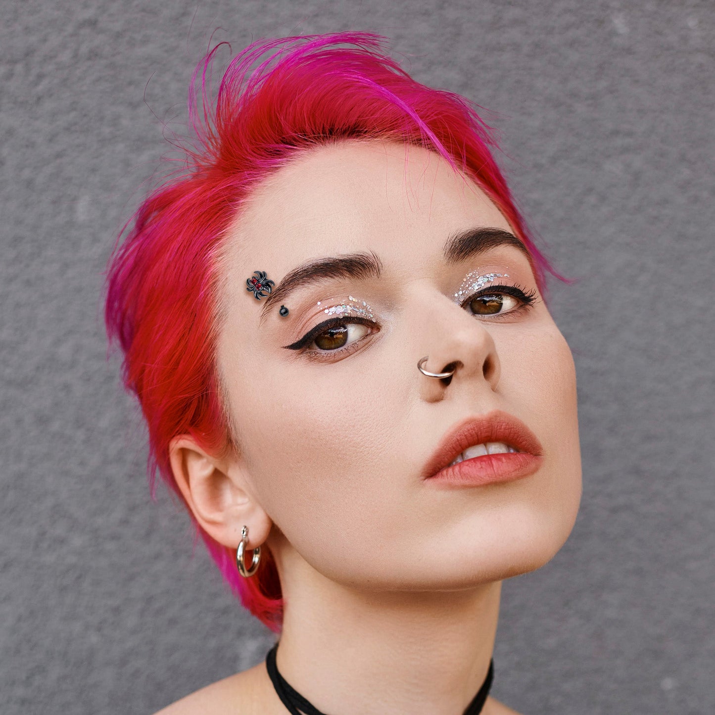 16G 5/16 Red CZ Gem Black Sleek Spider Curved Eyebrow Ring