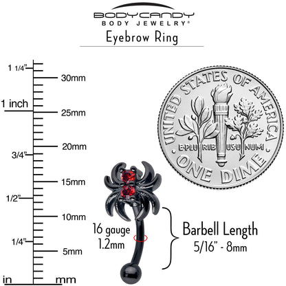16G 5/16 Red CZ Gem Black Sleek Spider Curved Eyebrow Ring