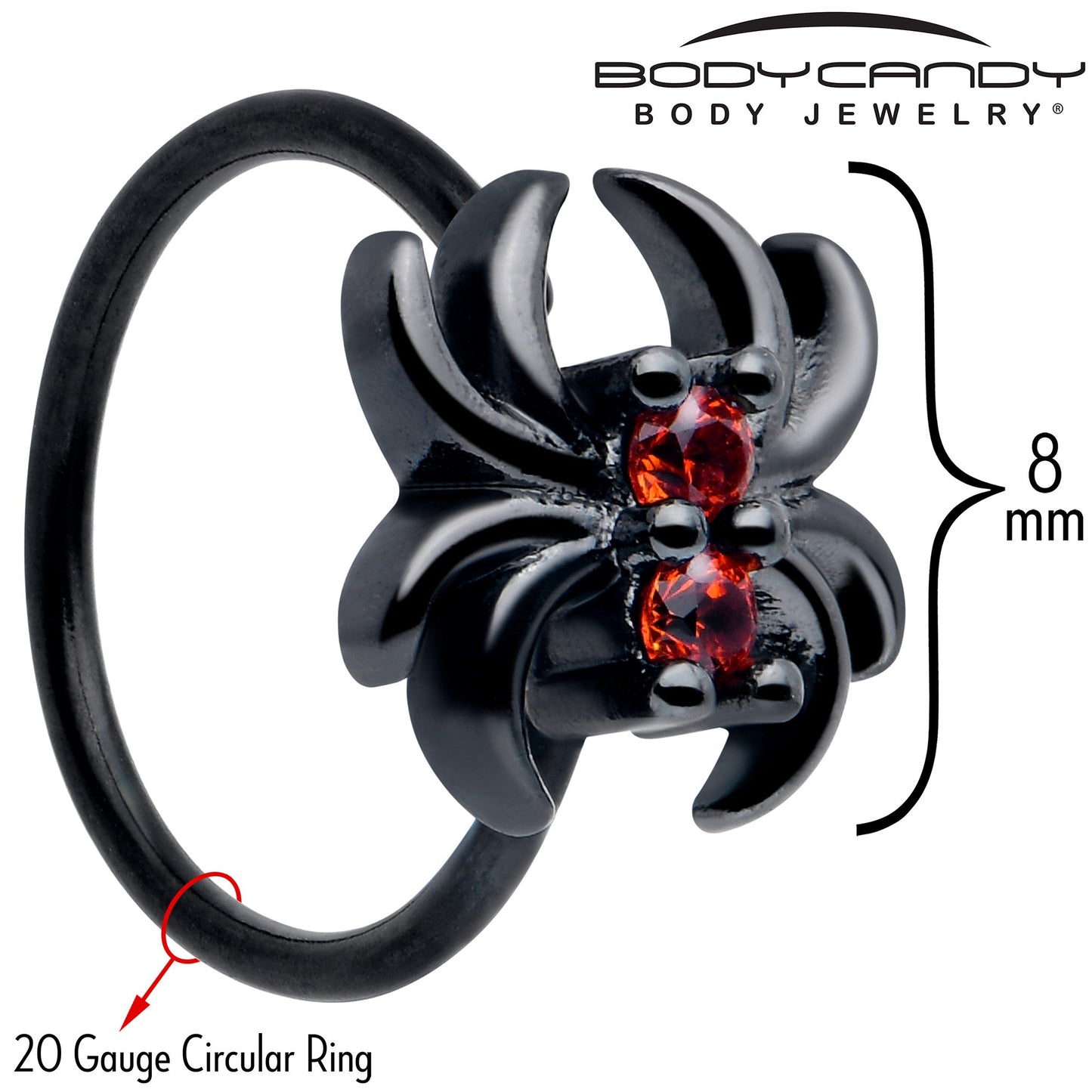 20G 5/16 Red CZ Gem Black Sleek Spider Nose Hoop