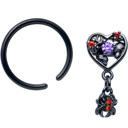 16G 3/8 Red CZ Gem Black Heart Spider Skull Dangle BCR Captive Ring
