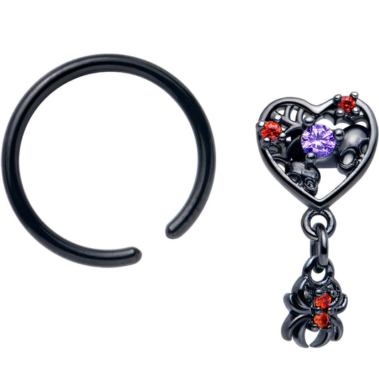 16G 3/8 Red CZ Gem Black Heart Spider Skull Dangle BCR Captive Ring