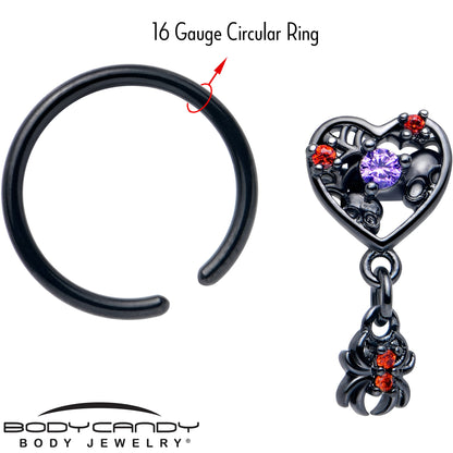 16G 3/8 Red CZ Gem Black Heart Spider Skull Dangle BCR Captive Ring