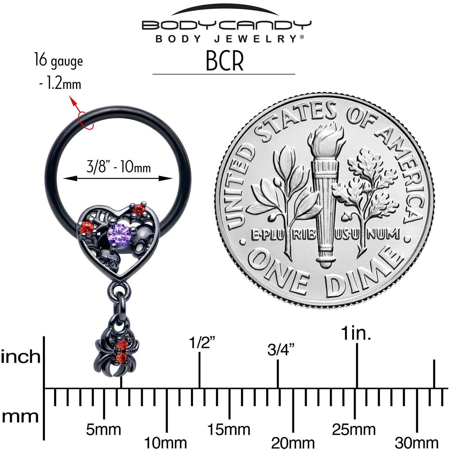 16G 3/8 Red CZ Gem Black Heart Spider Skull Dangle BCR Captive Ring