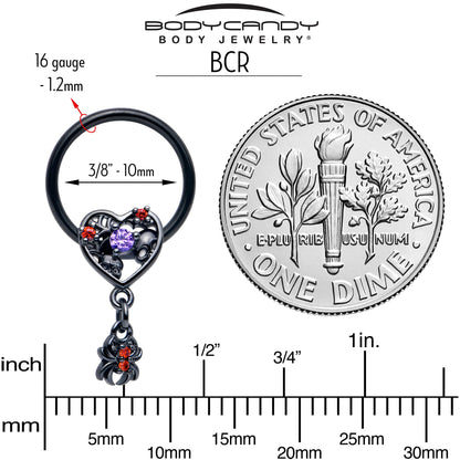 16G 3/8 Red CZ Gem Black Heart Spider Skull Dangle BCR Captive Ring