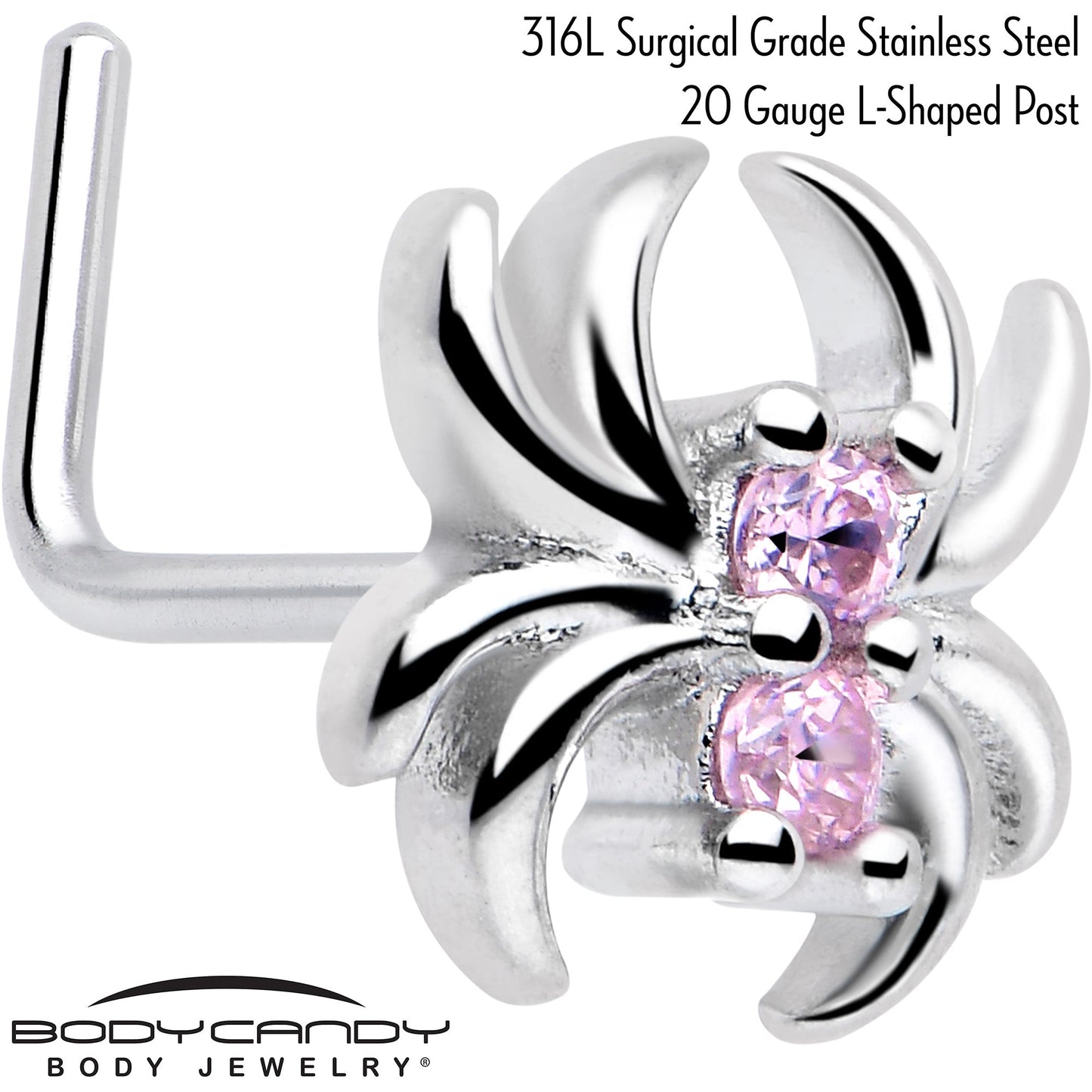 20G 7mm Pink CZ Gem Sleek Spider L Shape Nose Ring