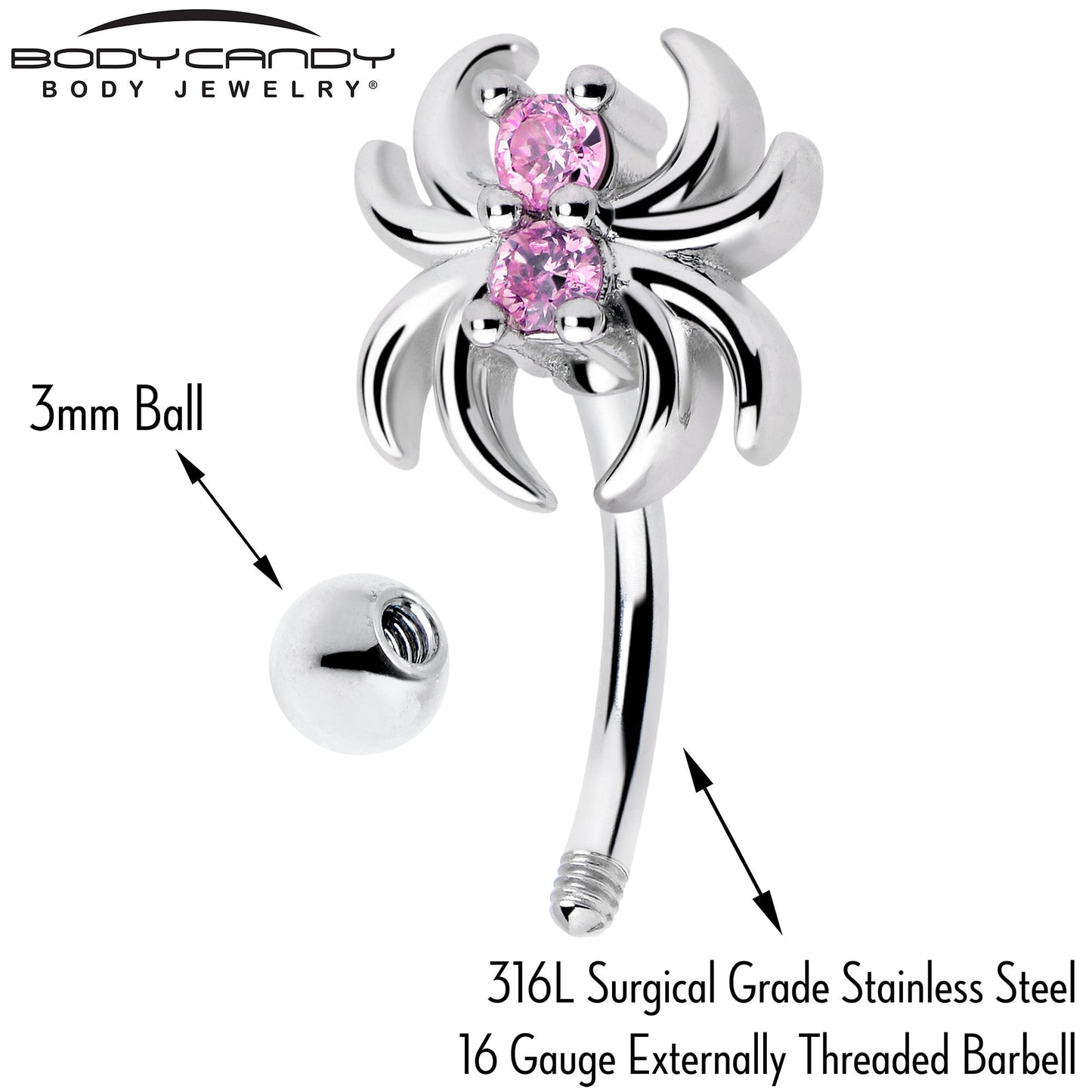 16G 5/16 Pink CZ Gem Sleek Spider Curved Eyebrow Ring