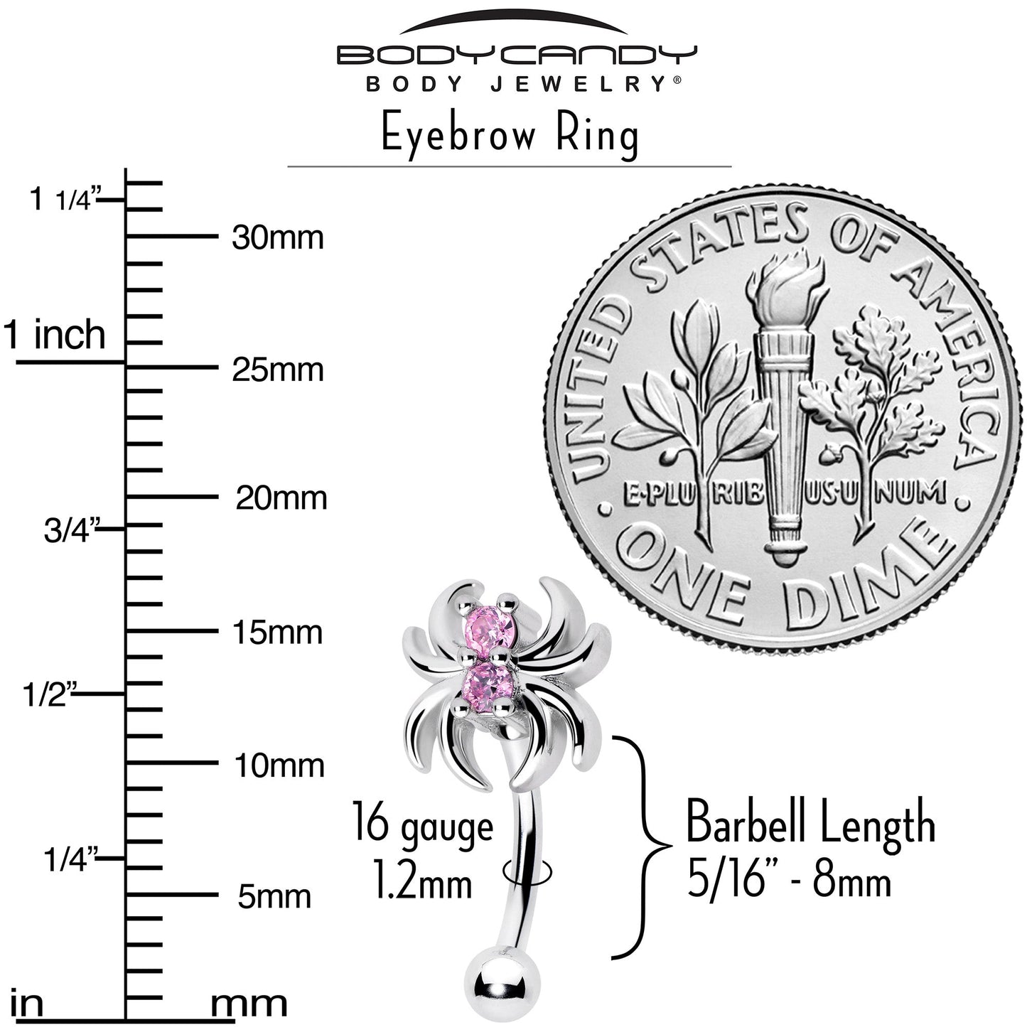 16G 5/16 Pink CZ Gem Sleek Spider Curved Eyebrow Ring