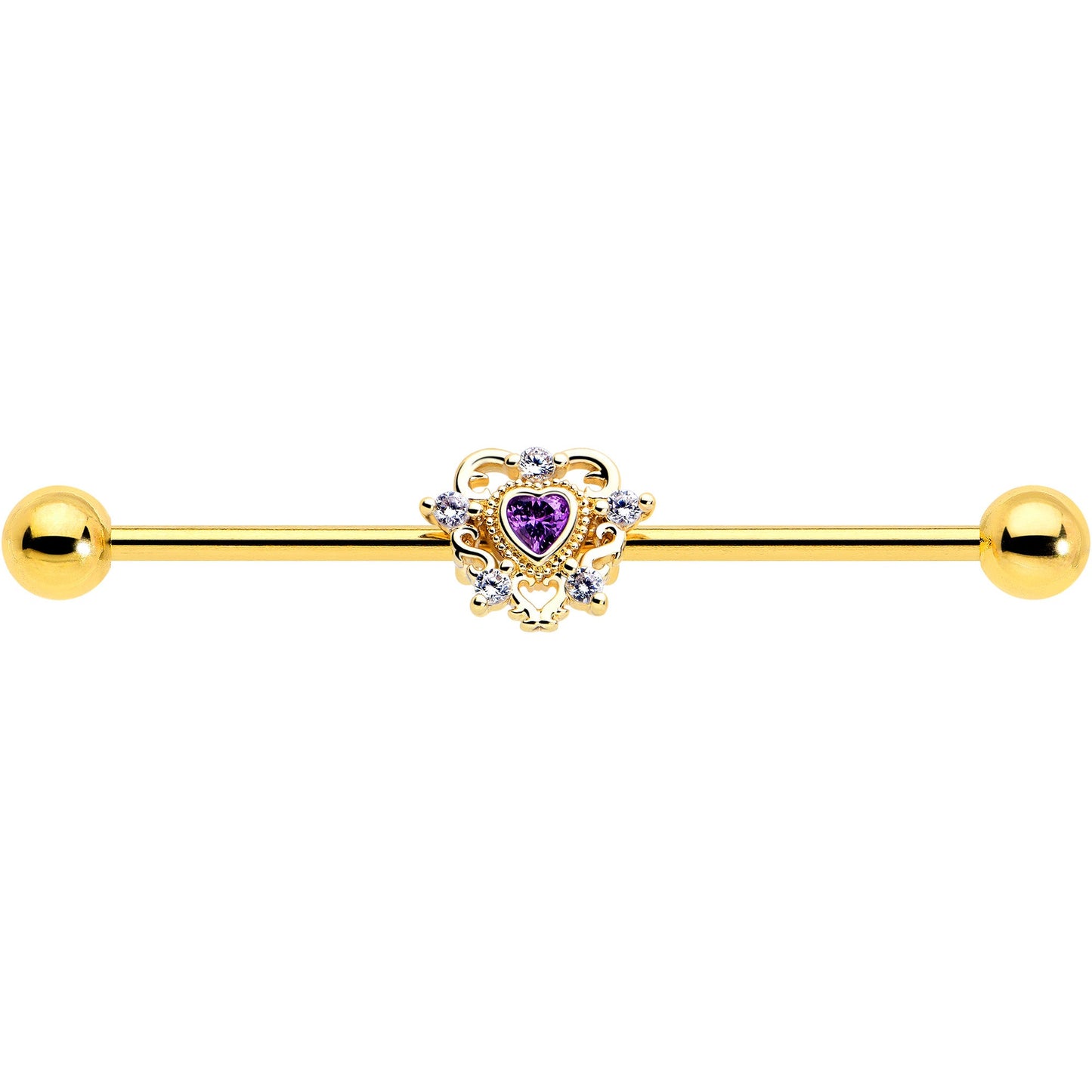 14G Purple CZ Gem Gold Tone Heart of Love Industrial Barbell 38mm