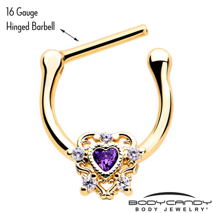 16G 5/16 Purple CZ Gem Gold Tone Heart of Love Cartilage Clicker