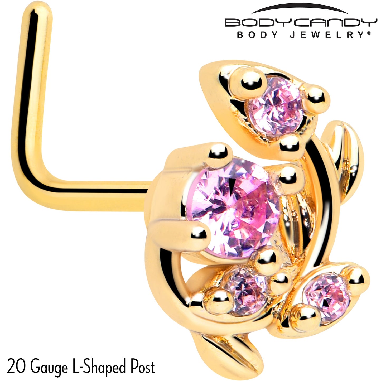 20G 7mm Pink Gem Gold Tone Twining Vine L Shape Nose Ring