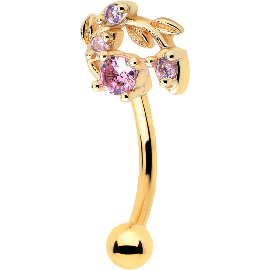 16G 5/16 Pink Gem Gold Tone Twining Vine Curved Eyebrow Ring