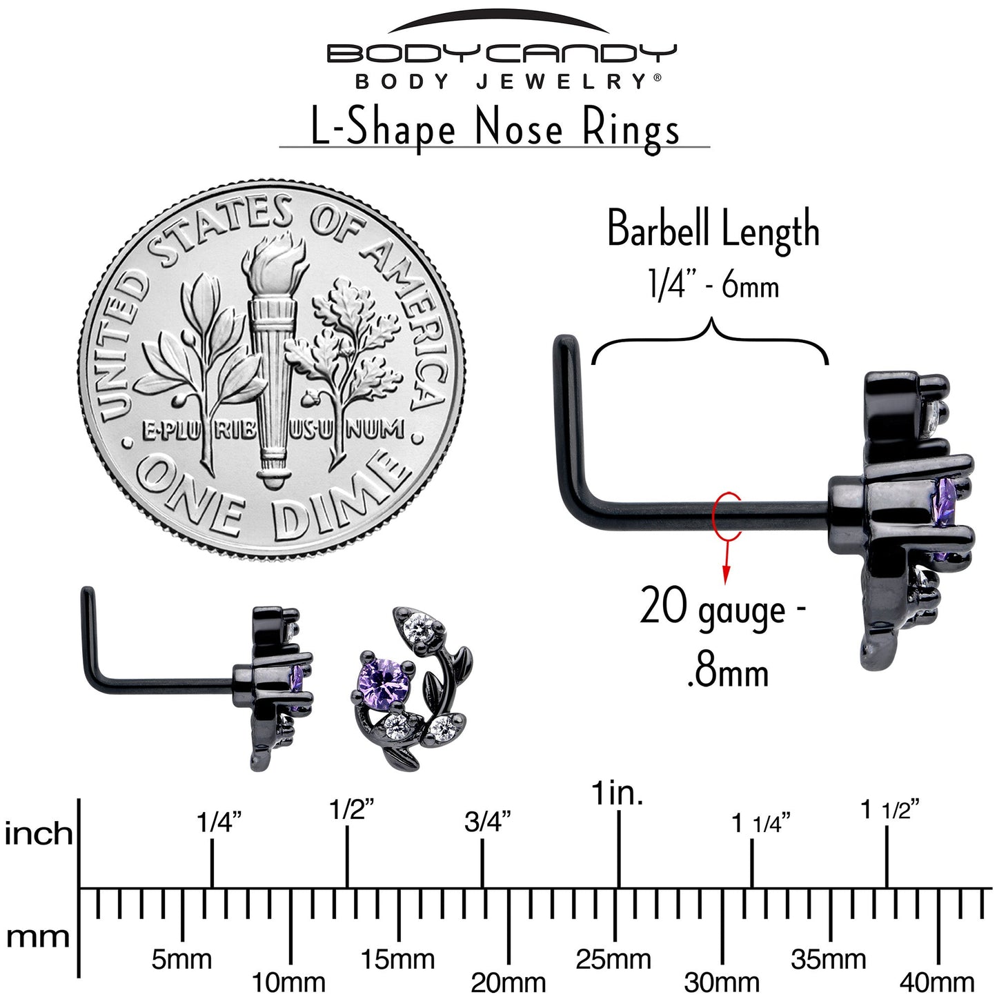 20G 7mm Purple Clear Gem Black Twining Vine L Shape Nose Ring