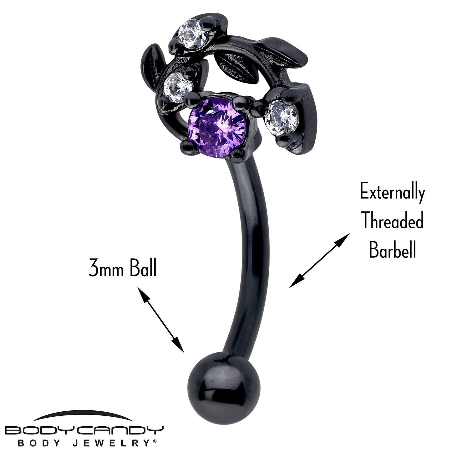 16G 5/16 Purple Gem Black Twining Vine Curved Eyebrow Ring
