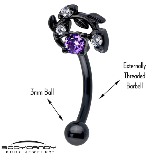 16G 5/16 Purple Gem Black Twining Vine Curved Eyebrow Ring