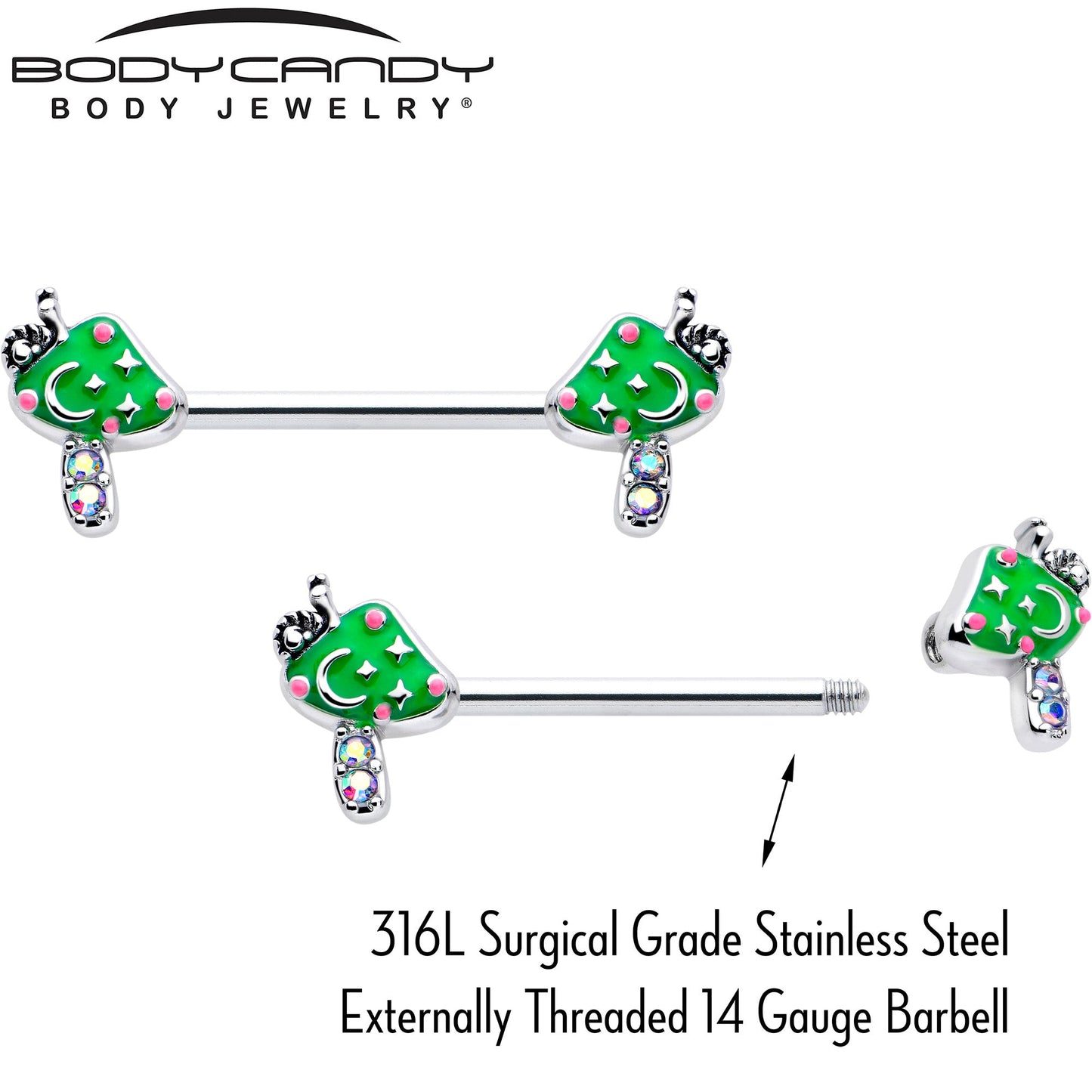 14G 9/16 Aurora Gem Fanciful Green Mushroom Barbell Nipple Ring Set