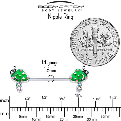 14G 9/16 Aurora Gem Fanciful Green Mushroom Barbell Nipple Ring Set