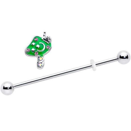 14G Pink Gem Fanciful Green Mushroom Industrial Barbell 38mm
