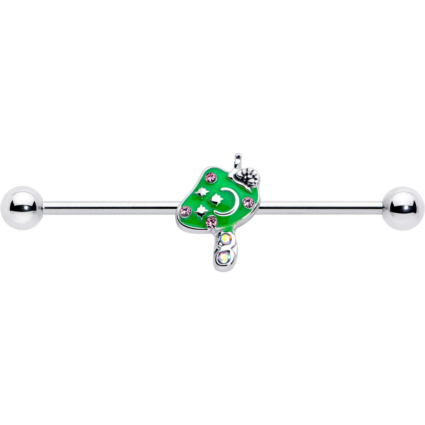 14G Pink Gem Fanciful Green Mushroom Industrial Barbell 38mm