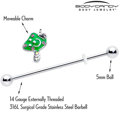 14G Pink Gem Fanciful Green Mushroom Industrial Barbell 38mm