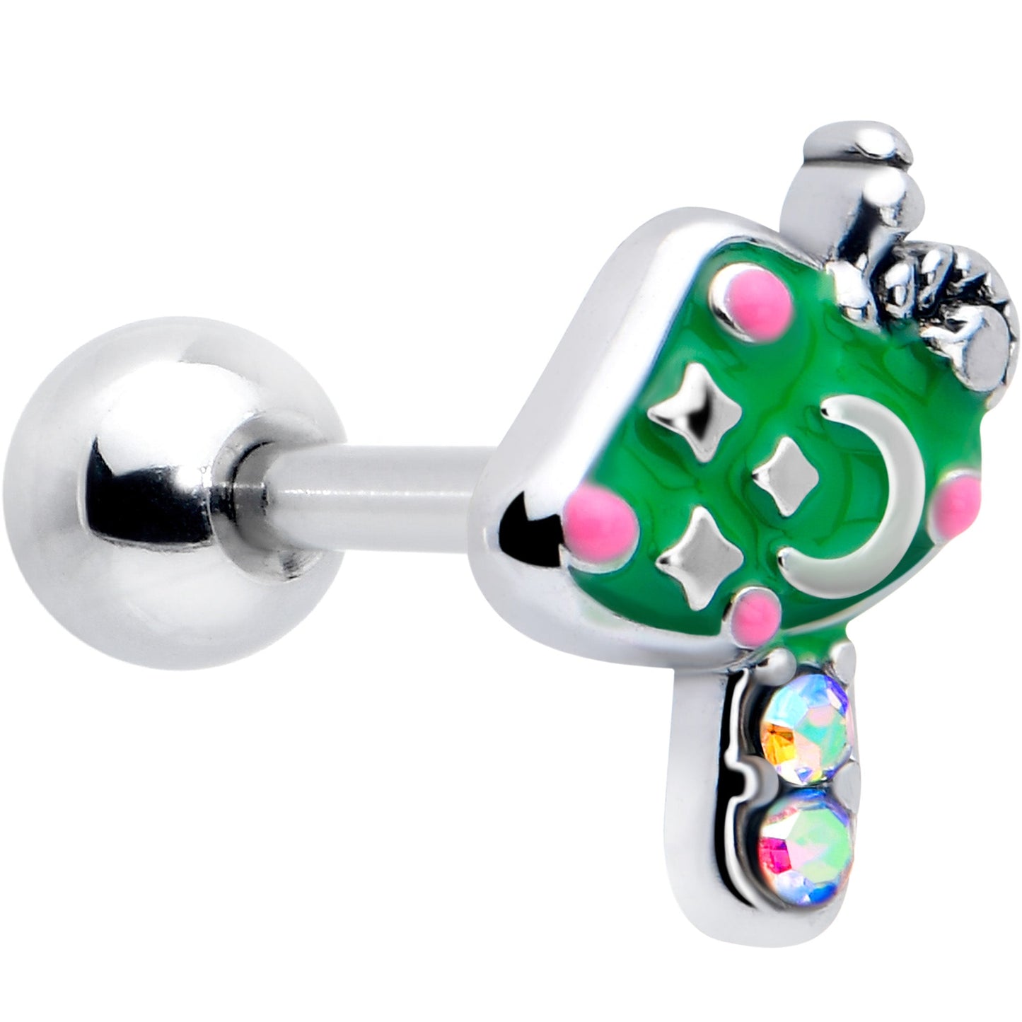 16G 1/4 Aurora Gem Fanciful Green Mushroom Cartilage Tragus Earring