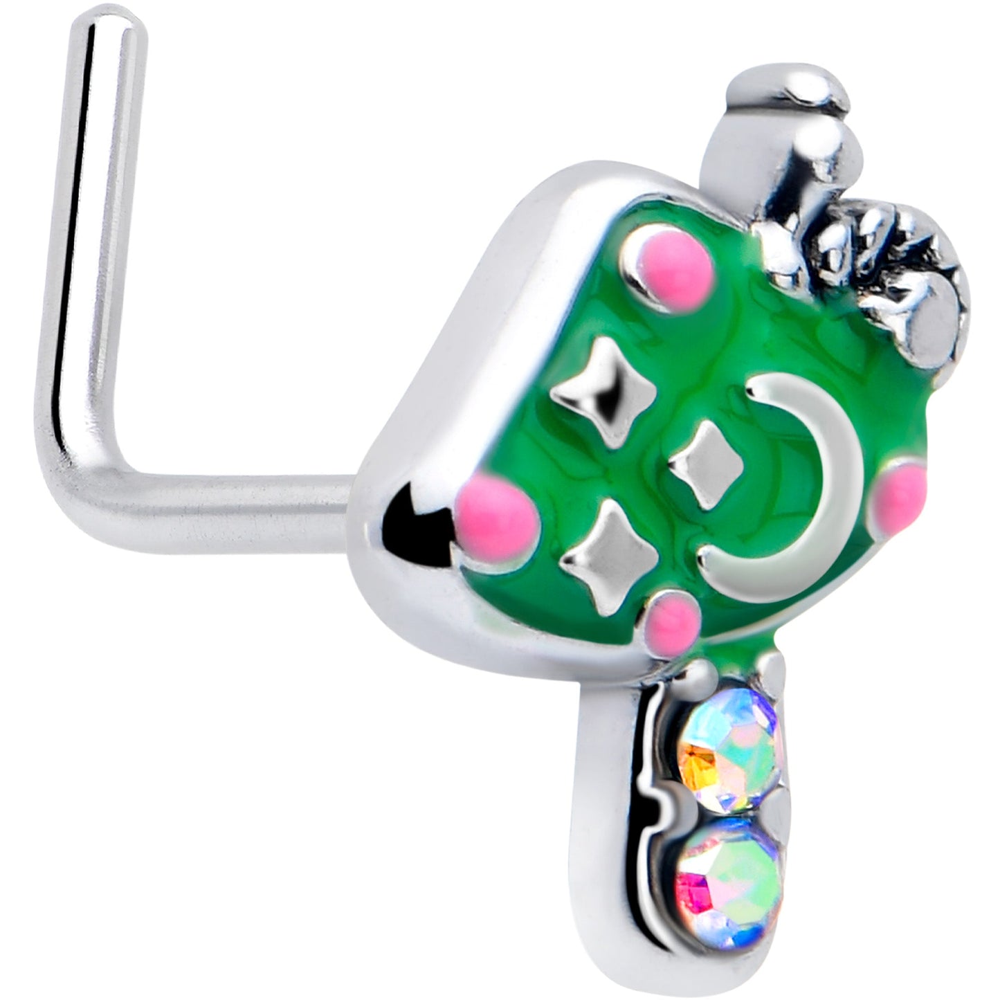 20G 7mm Aurora Gem Fanciful Green Mushroom L Shape Nose Ring