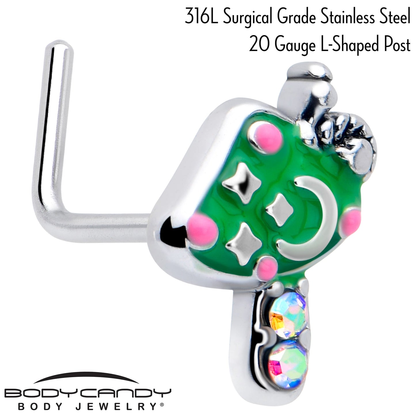 20G 7mm Aurora Gem Fanciful Green Mushroom L Shape Nose Ring