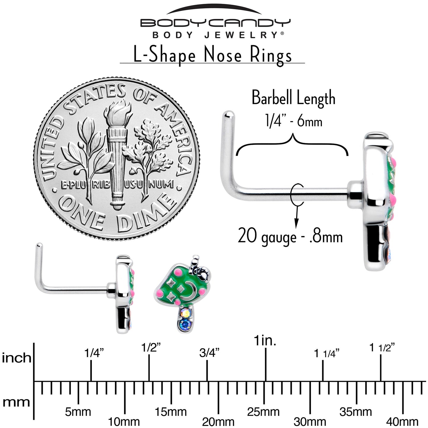 20G 7mm Aurora Gem Fanciful Green Mushroom L Shape Nose Ring