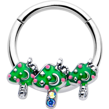 16G 3/8 Aurora Gem Fanciful Green Mushroom Trio Hinged Segment Ring