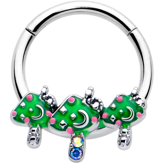 16G 3/8 Aurora Gem Fanciful Green Mushroom Trio Hinged Segment Ring