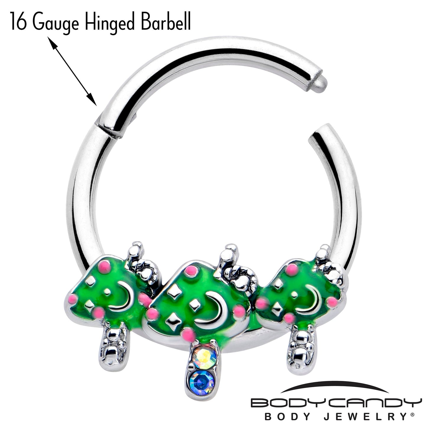 16G 3/8 Aurora Gem Fanciful Green Mushroom Trio Hinged Segment Ring