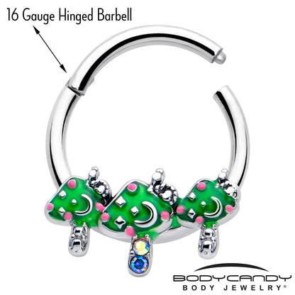 16G 3/8 Aurora Gem Fanciful Green Mushroom Trio Hinged Segment Ring