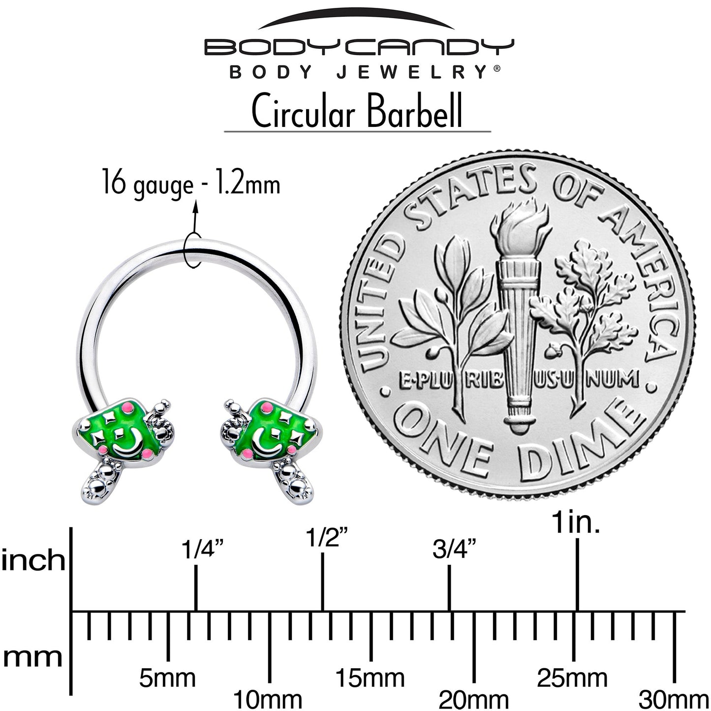 16G 3/8 Fanciful Green Mushrooms Horseshoe Circular Barbell
