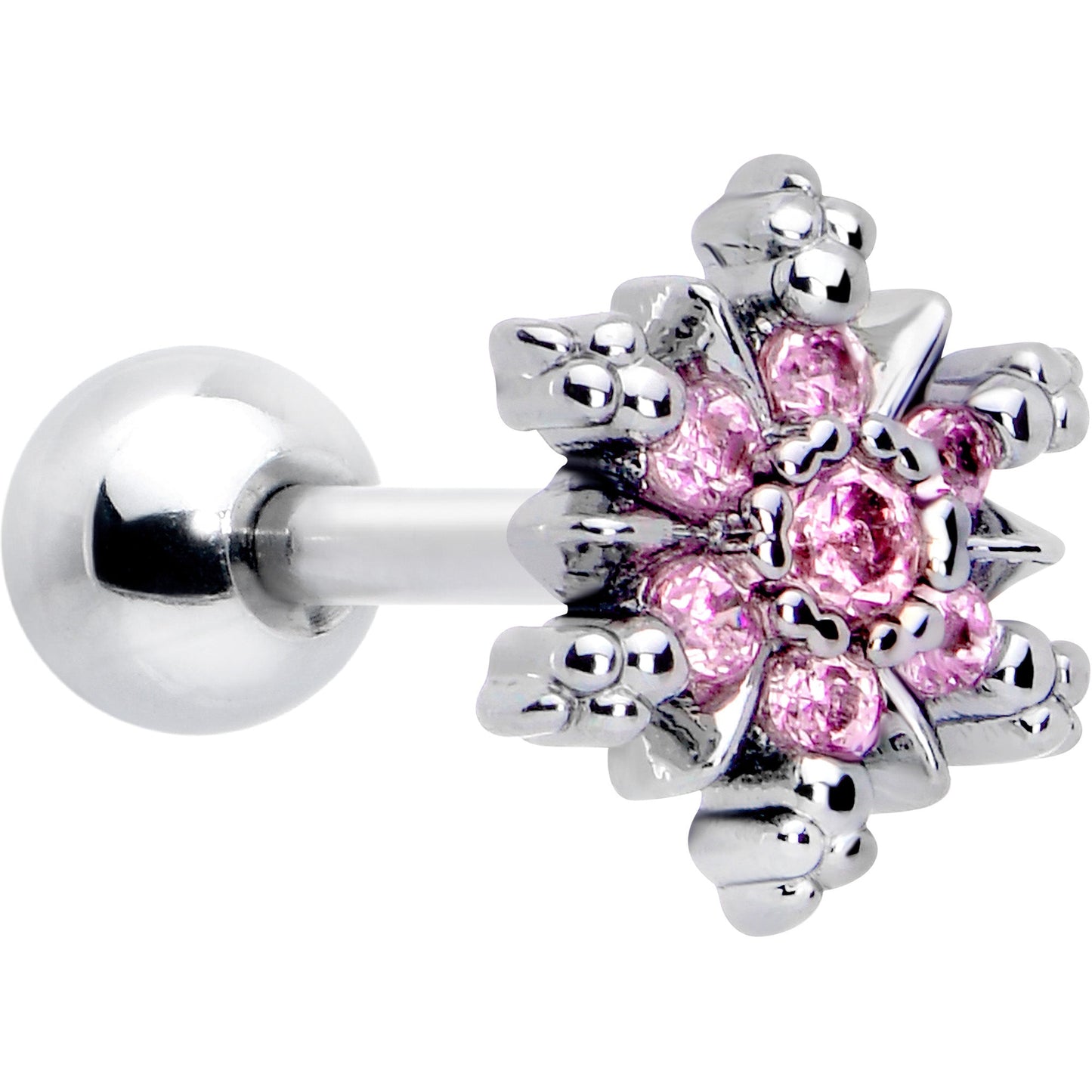 16G 1/4 Pink CZ Gem Glam Snowflake Cartilage Tragus Earring
