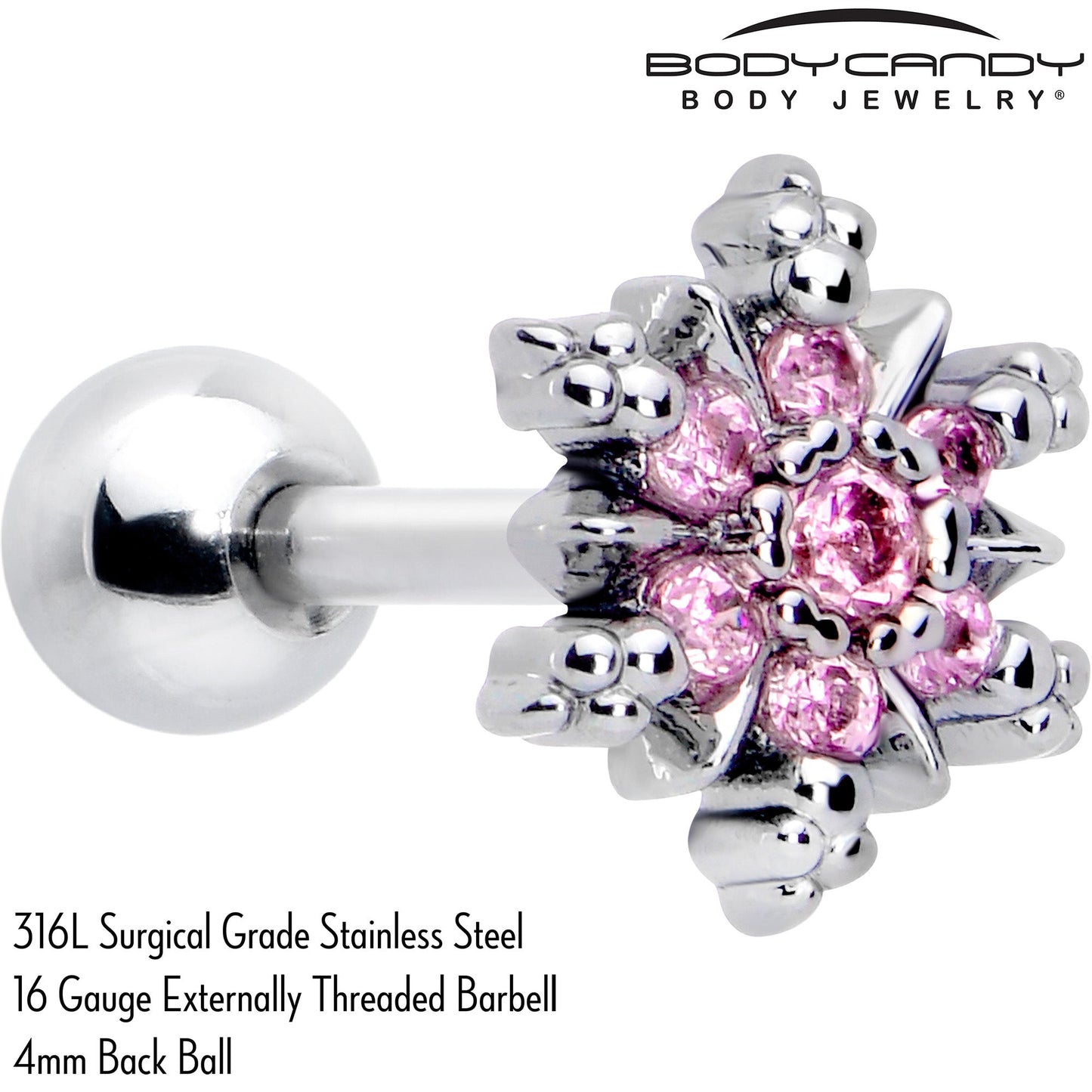 16G 1/4 Pink CZ Gem Glam Snowflake Cartilage Tragus Earring