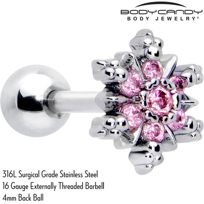 16G 1/4 Pink CZ Gem Glam Snowflake Cartilage Tragus Earring