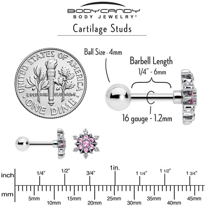 16G 1/4 Pink CZ Gem Glam Snowflake Cartilage Tragus Earring