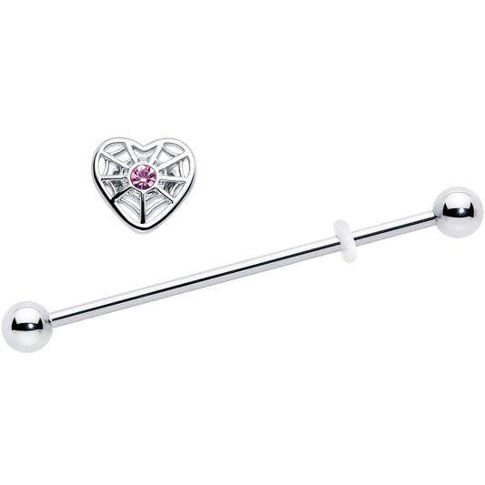 14G Pink Gem Spiderweb Heart Love Industrial Barbell 38mm