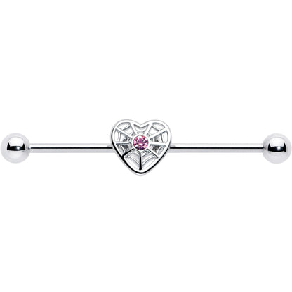 14G Pink Gem Spiderweb Heart Love Industrial Barbell 38mm