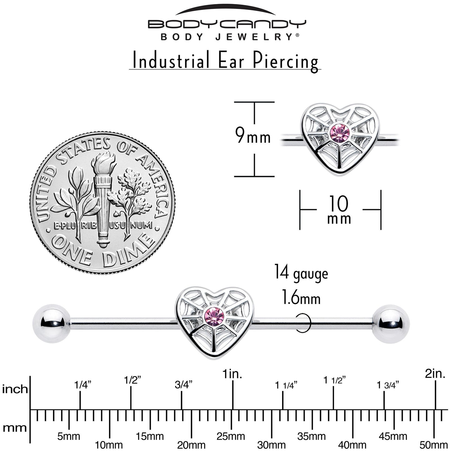 14G Pink Gem Spiderweb Heart Love Industrial Barbell 38mm