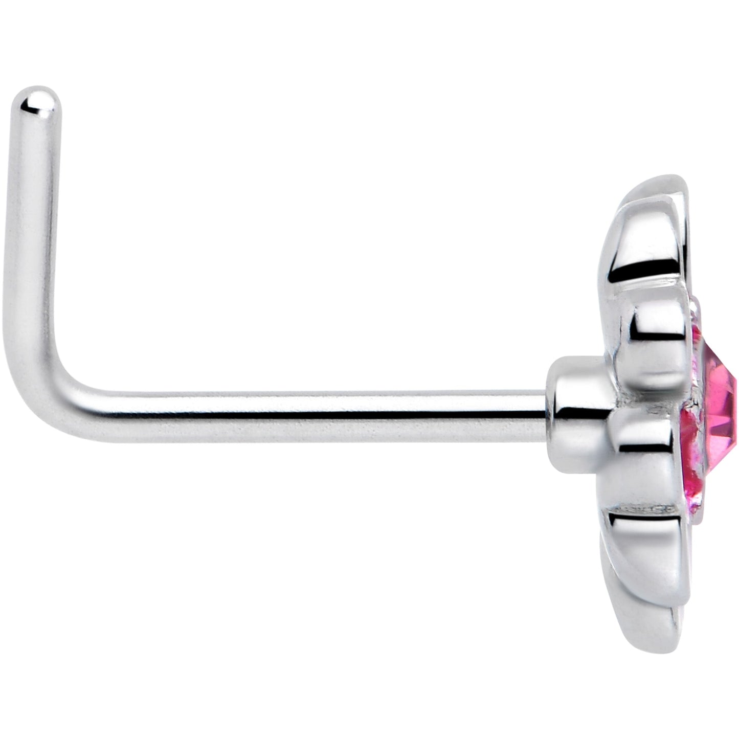 20G 5/16 Pink CZ Gem Dainty Pink Flower L Shape Nose Ring