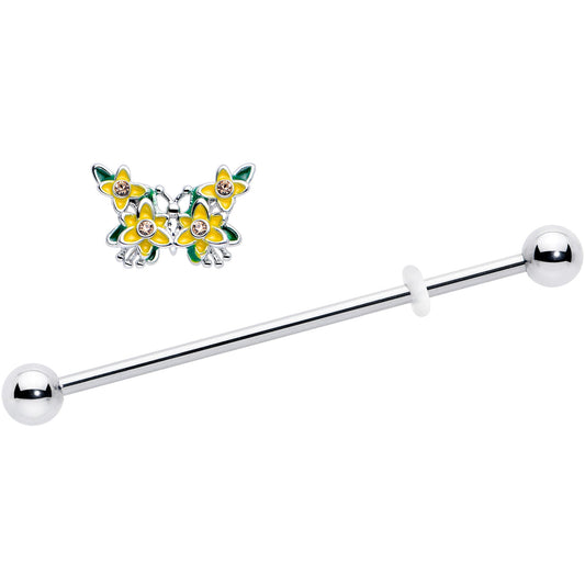 14G Yellow CZ Gem Blooming Butterfly Industrial Barbell 38mm