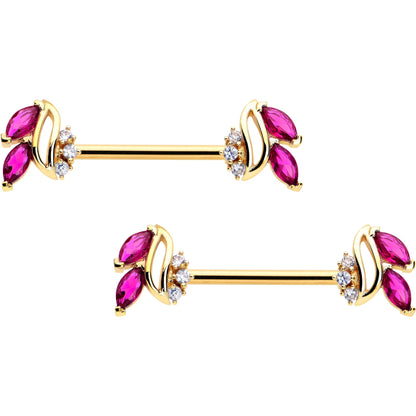 14G 9/16 Red CZ Gem Gold Tone Swirl Fan Barbell Nipple Ring Set