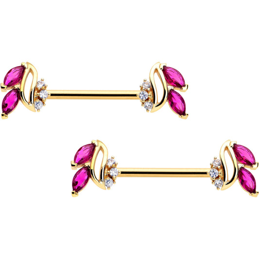 14G 9/16 Red CZ Gem Gold Tone Swirl Fan Barbell Nipple Ring Set