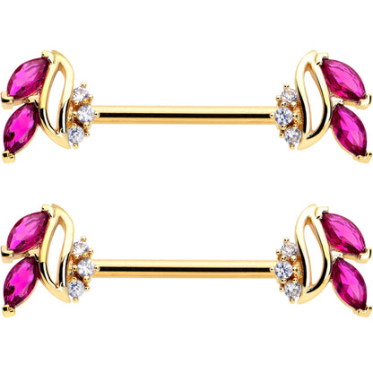 14G 9/16 Red CZ Gem Gold Tone Swirl Fan Barbell Nipple Ring Set