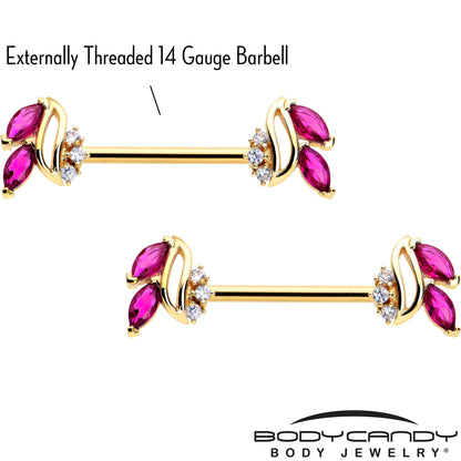 14G 9/16 Red CZ Gem Gold Tone Swirl Fan Barbell Nipple Ring Set
