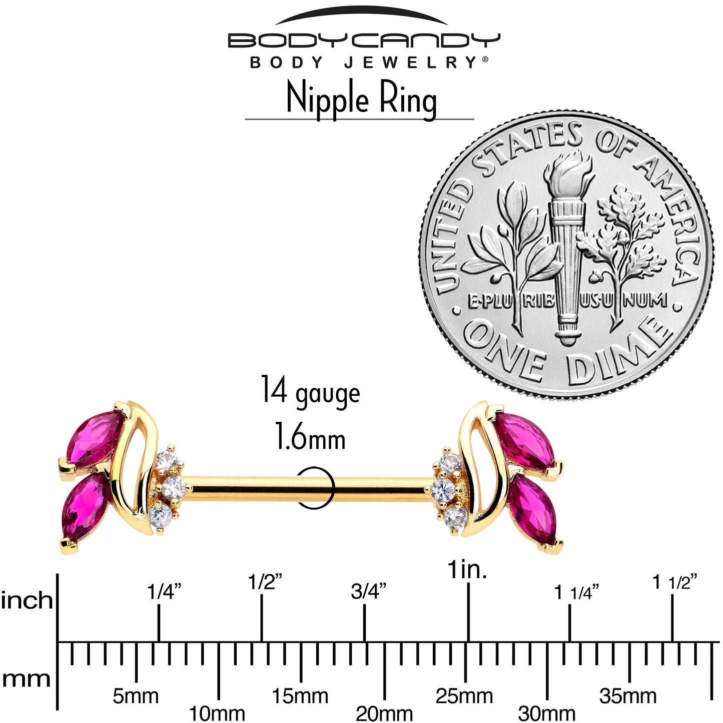 14G 9/16 Red CZ Gem Gold Tone Swirl Fan Barbell Nipple Ring Set