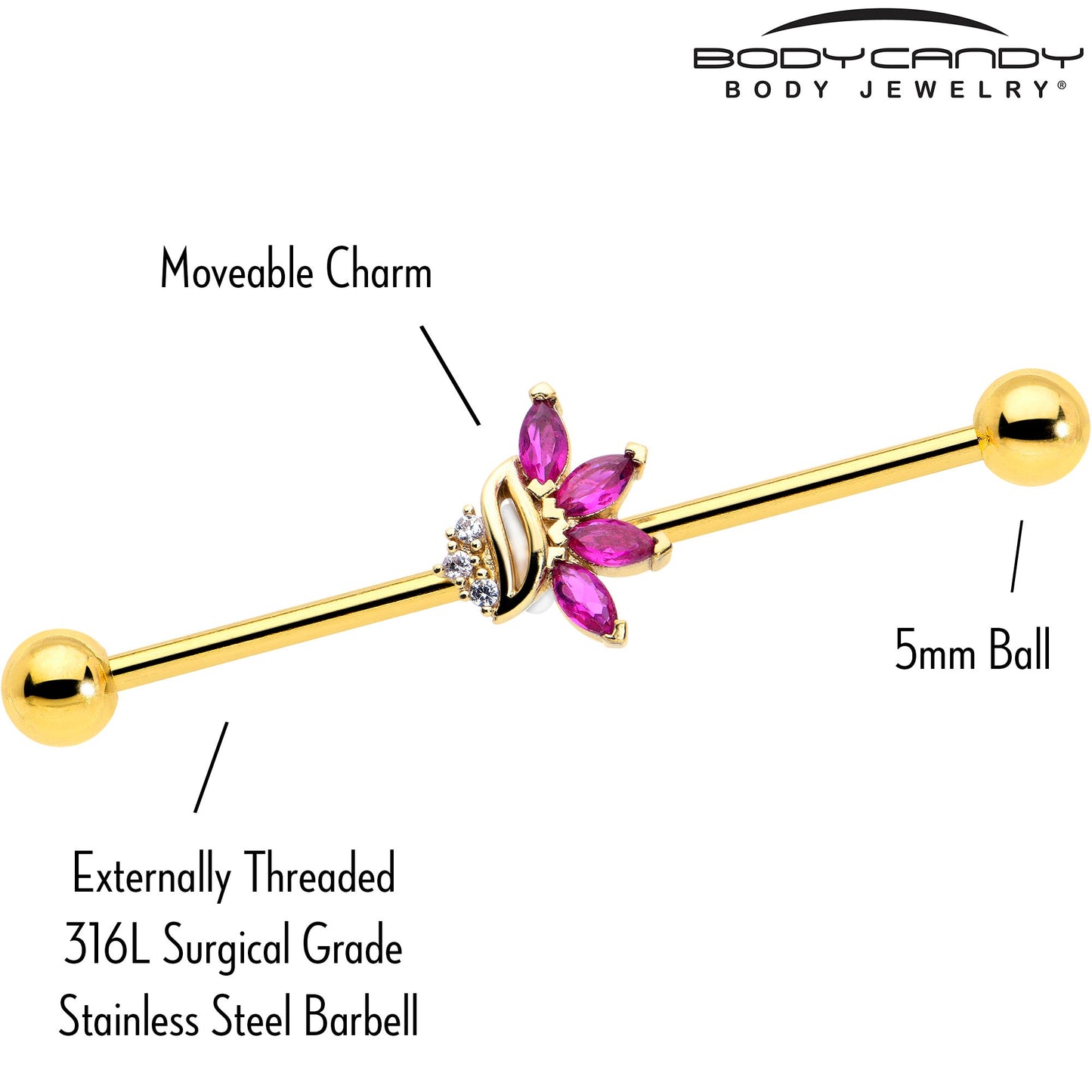 14G Red CZ Gem Gold Tone Swirl Fan Industrial Barbell 38mm